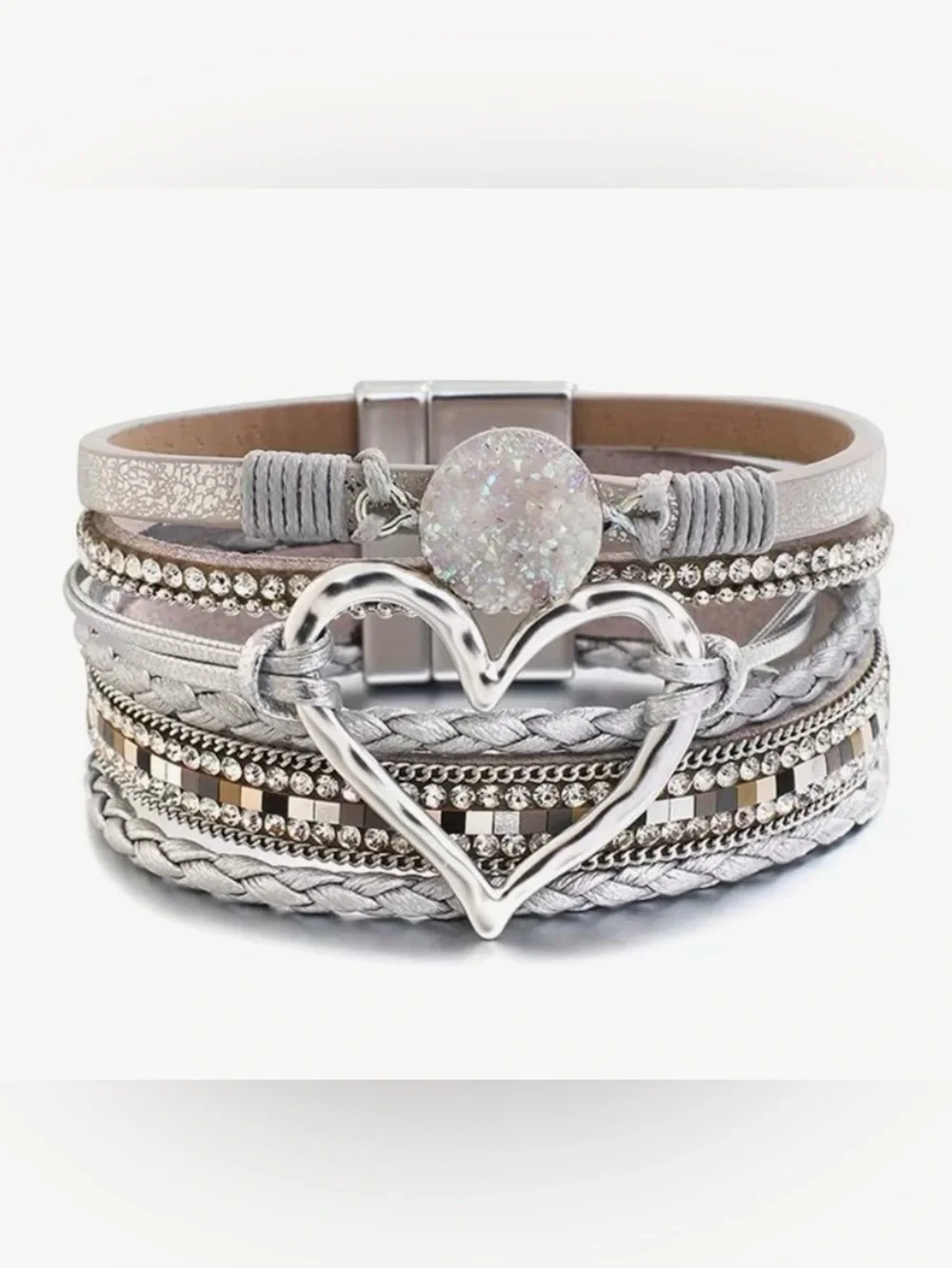 🩶 Unique Silver Multi-Strand Heart Bracelet with Boho Chic Accents 🩶